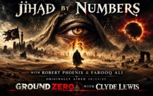 Jihad by Numbers poster: a giant eye and the number 13 over a desert city, with a ring of fire eclipse, for Ground Zero with Clyde Lewis