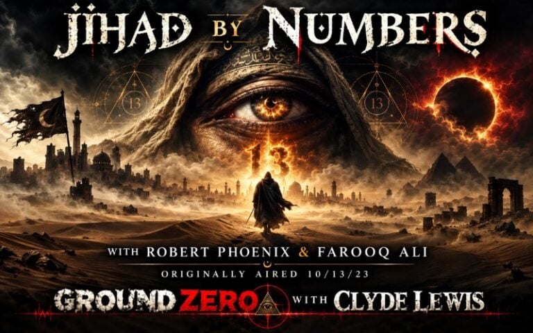 Jihad by Numbers poster: a giant eye and the number 13 over a desert city, with a ring of fire eclipse, for Ground Zero with Clyde Lewis